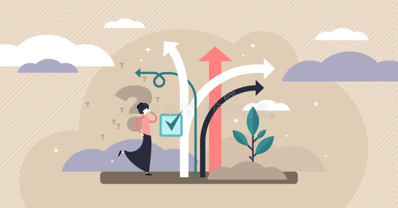 Decision making vector illustration. Tiny choose options persons concept. royalty free illustration