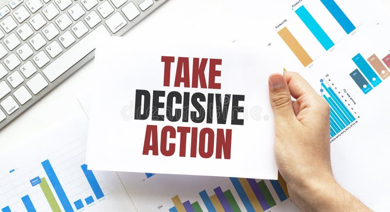 Businessman holding a card with text TAKE DECISIVE ACTION. Keyboard, diagram and white background. Businessman holding a card with text TAKE DECISIVE ACTION. Keyboard, diagram and white background.