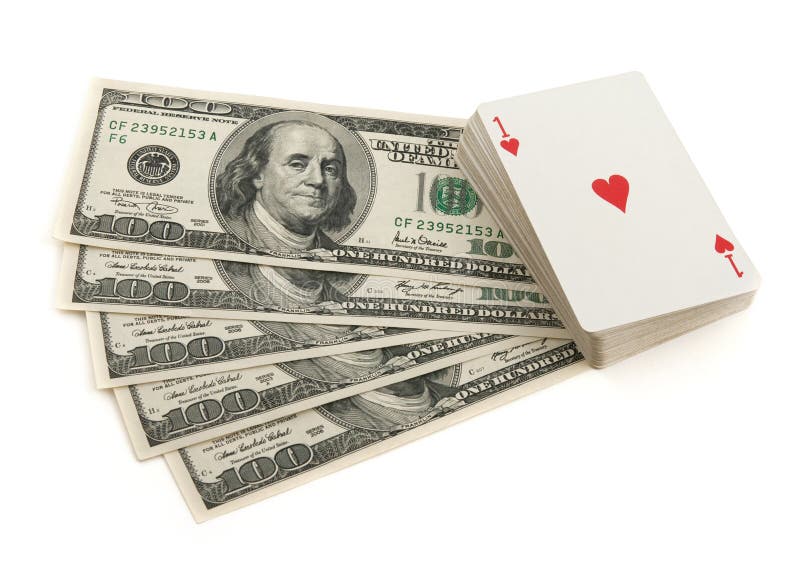 Deck of cards and money on white background. Gambling concept.