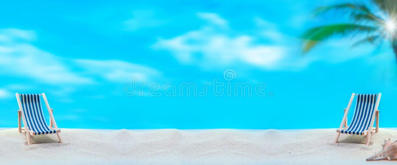 Deck chairs on summer beach background. Social distancing for seat at least 2 metres or 6 feet