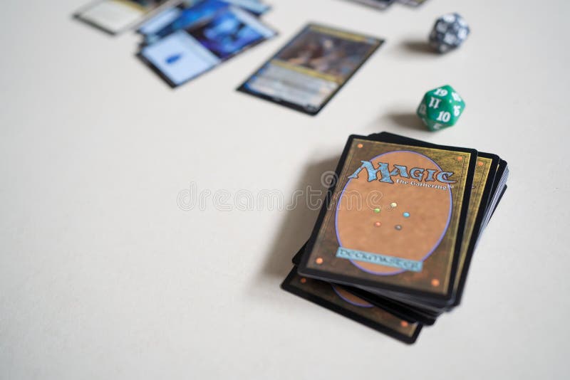 a-deck-of-magic-the-gathering-trading-card-game-on-the-table-editorial