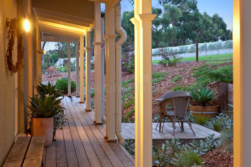 Decked verandah with light stock photo. Image of front 75406372