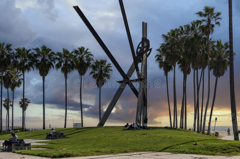 The Declaration Sculpture, a pair of massive, tilted triangles balanced to tower above the ground and stretch to meet royalty free stock photography