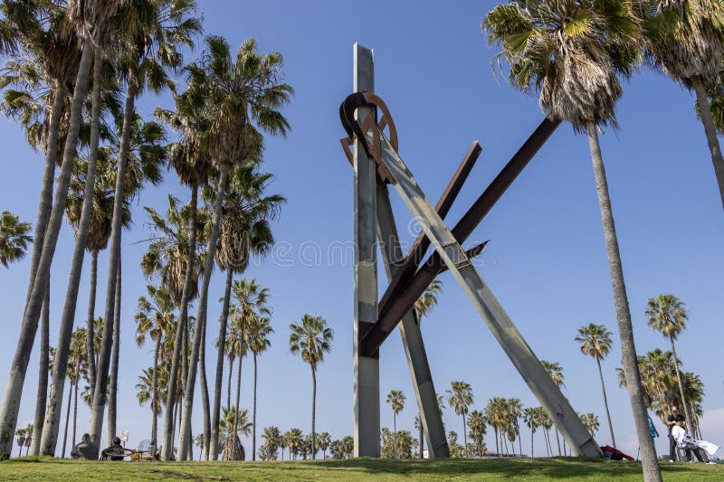The Declaration Sculpture, a pair of massive, tilted triangles balanced to tower above the ground and stretch to meet its royalty free stock photos