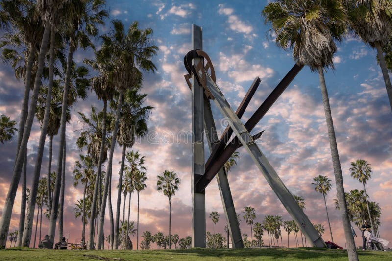 The Declaration Sculpture, a pair of massive, tilted triangles balanced to tower above the ground and stretch to meet its royalty free stock images