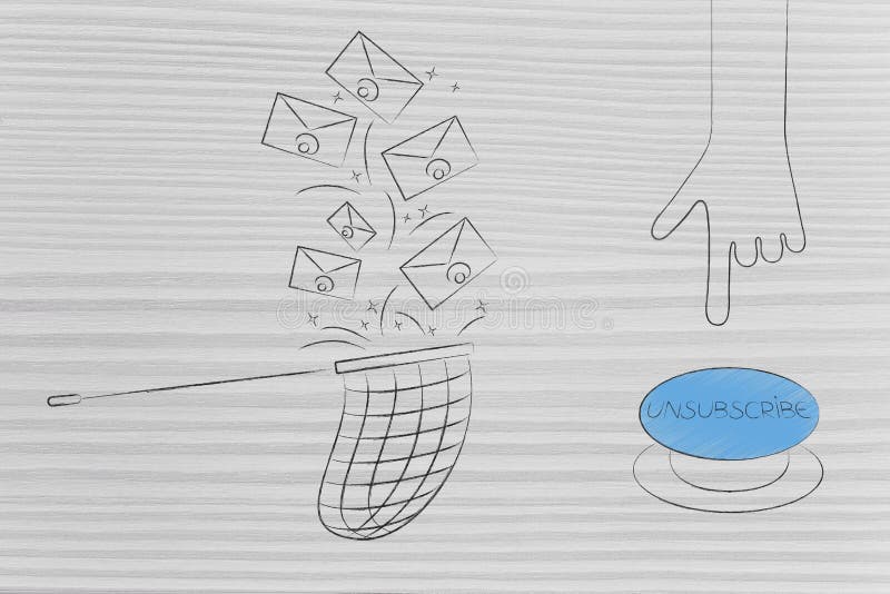 Declutter your inbox conceptual illustration: emails falling into butterfly net next to hand about to push Unsubscribe button. User consent illustrations