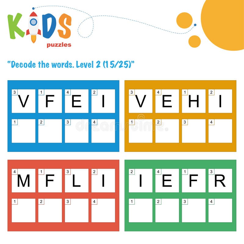 Decoderen Van De Woorden Met Vier Letters. Activiteitenblad Logische Puzzel Vector Illustratie