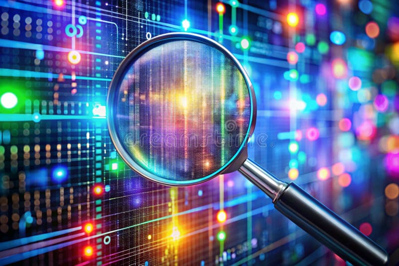 Decoding Digital Networks: Exploring Binary Code with a Magnifying Glass royalty free illustration
