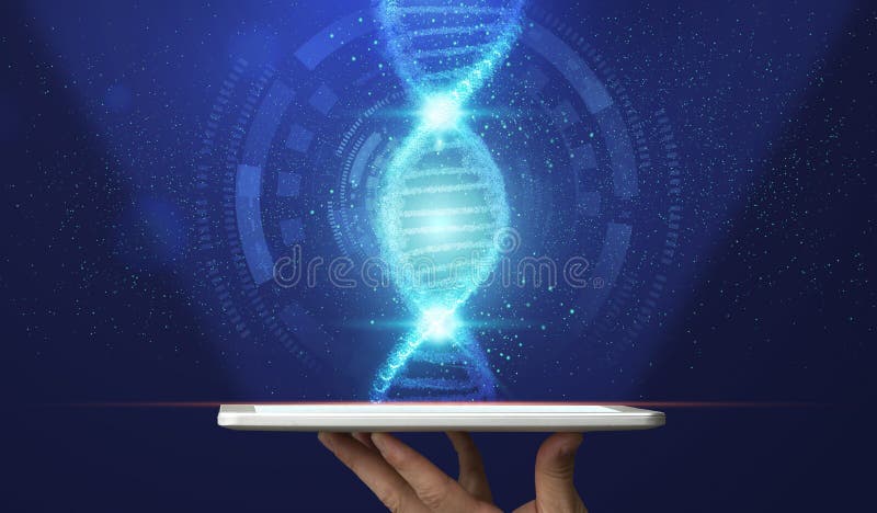 Decoding human genome. Male hand holding tablet computer with DNA helix emerging out of screen, collage