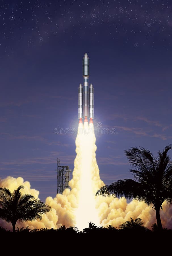 2D illustration of rocket taking off with palm trees silhouetted in the foreground. 2D illustration of rocket taking off with palm trees silhouetted in the foreground.