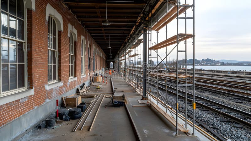 Decommissioned Railway Station Undergoing Renovation with Construction Scaffolding and Tracks stock illustration