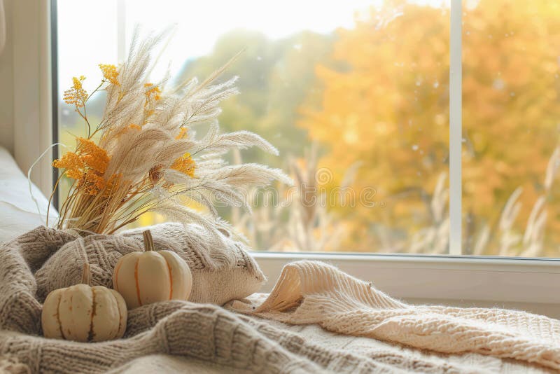 Decor autunnale confortevole con zucche ed elementi rustici vicino a una finestra immagine stock