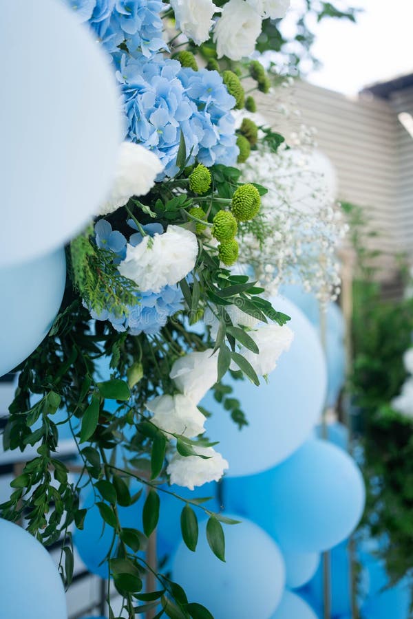 Decor with Balloons of White, Blue and Flower Arrangemets. Party Decorations. Blue and White