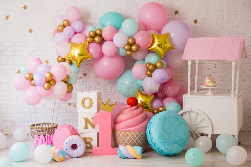 Decor for birthday with candy and macaroon. Decor for first birthday with candy and macaroon