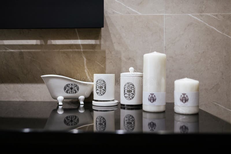 Decor Elements in the Bathroom on the Black Table Top Stock Photo