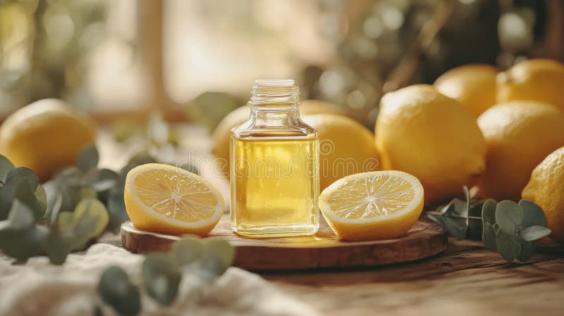 Decor natural pentru casă confortabil masă de fermă cu spațiu pentru text împodobit cu mici sticle de ulei de lămâie și felii de l stock image