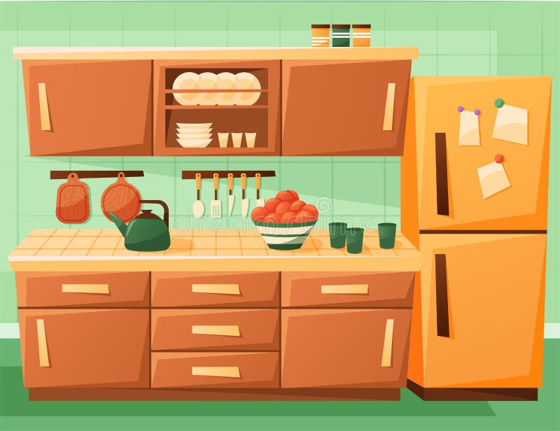 Decoración De Dibujos Animados Vectoriales De Una Cocina Acogedora.  Ilustración del Vector - Ilustración de acogedor, cocinero: 245267758