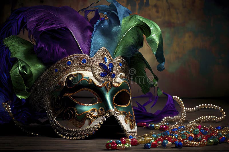 Decoración De Máscaras De Carnaval Veneciano Y Cuentas. Fondo De Mardi Gras  Stock de ilustración - Ilustración de aguja, verde: 267729658