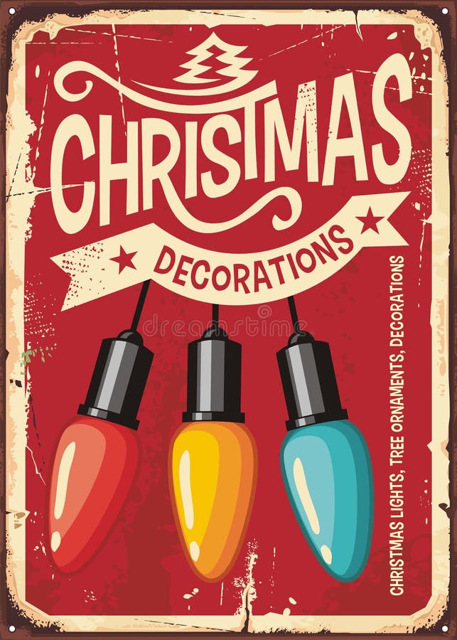 Decoraciones navideñas almacenan letreros de metal vintage con luces de colores stock de ilustración