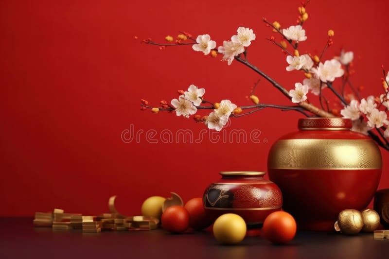 Decoración china de año nuevo con fondo rojo. flores de buena fortuna y bulto de oro. festival chino de año nuevo ilustración del vector