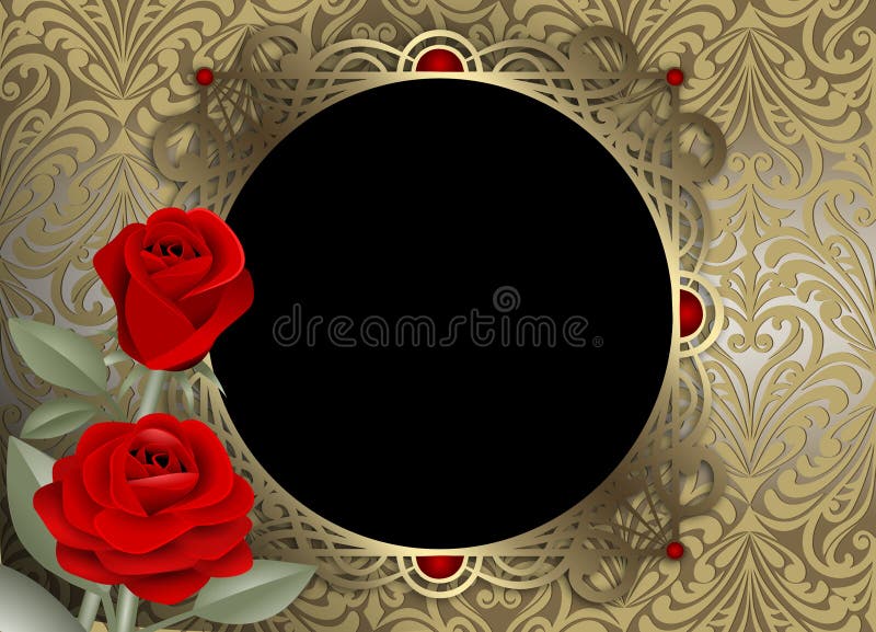 gold frame on a golden vintage background with red roses and leaves. gold frame on a golden vintage background with red roses and leaves