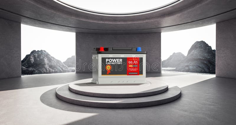 Minimalism Architecture Interior with Rechargeable Car Battery 12V Accumulator with Abstract Label over Product Presentation Podium and Mountains extreme closeup. 3d Rendering. Minimalism Architecture Interior with Rechargeable Car Battery 12V Accumulator with Abstract Label over Product Presentation Podium and Mountains extreme closeup. 3d Rendering