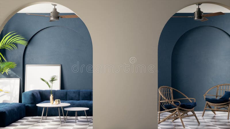 Decoración moderna con paredes beige y azul gris. concepto de café contemporáneo