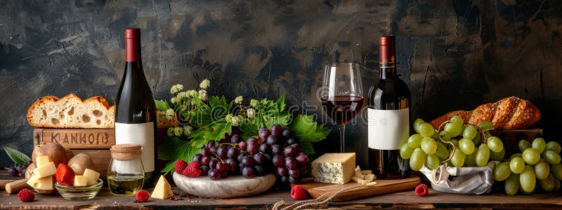 Decorarea elegantă a vinului și a brânzei cu pâine și struguri royalty free stock photos
