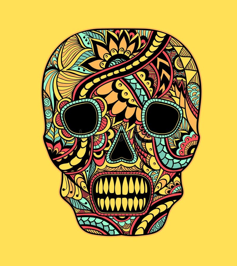 Decorate Skull Painted Ornament Full Colors On Yellow Stock Vector