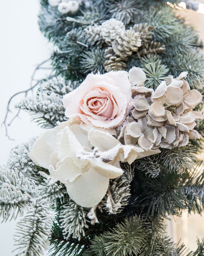 Decorated Beautiful White Flowers and Christmas Tree Branches, Bright