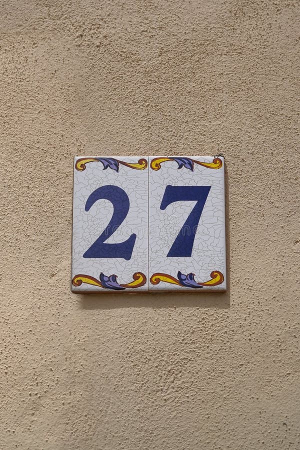 Ceramic Tiles 27 House Number on Cream Rough Wall Stock Photo Image