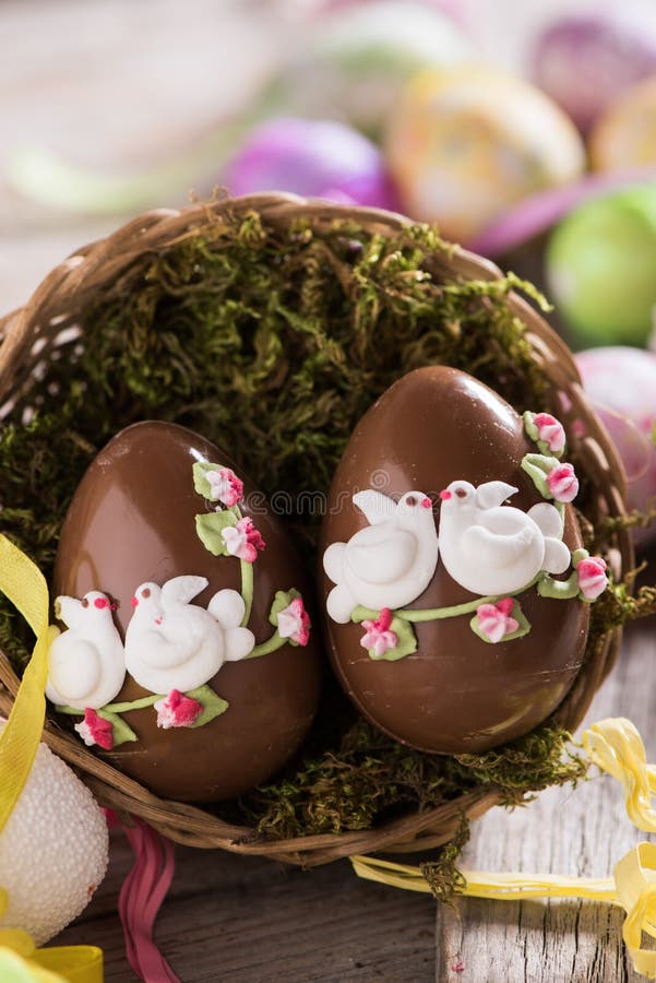 Decorated Chocolate Easter Eggs Stock Photo Image of wooden, sugar