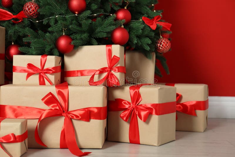 Decorated Christmas Tree and Gift Boxes Stock Photo Image of decorated, branch 160054116
