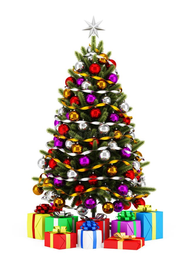 Decorated christmas tree with gift boxes isolated on white royalty free illustration