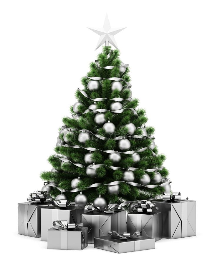 Decorated christmas tree with gift boxes isolated on white