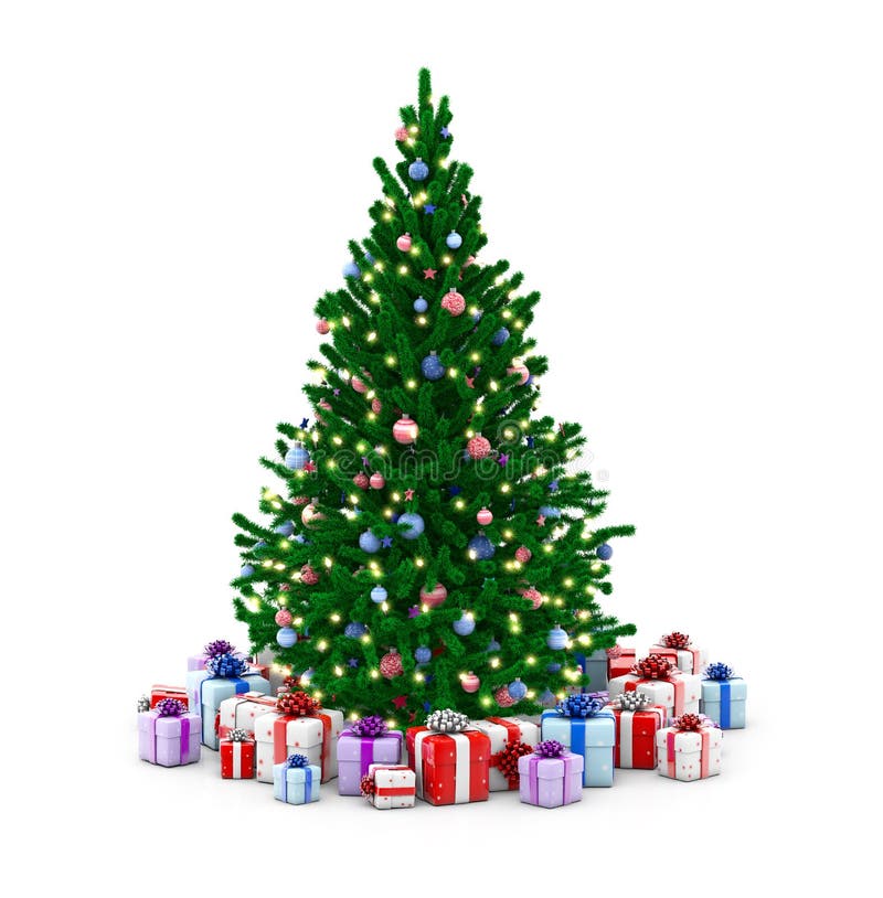 Decorated Christmas Tree and Gift Boxes Stock Illustration