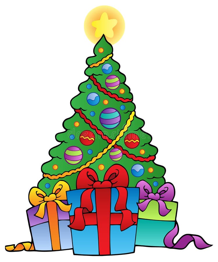 Decorated Christmas tree with gifts stock illustration