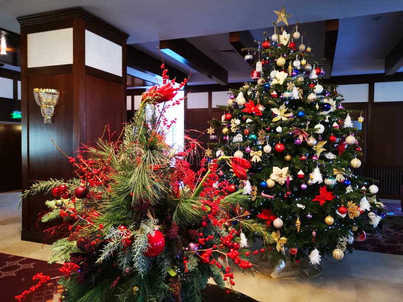 Decorated Christmas tree in the hotel lobby