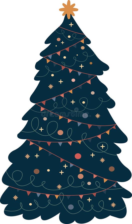 Decorated Christmas Tree with Ornaments and Lights Minimal design royalty free illustration