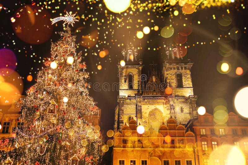 Decorated Christmas tree stands on the main square in Prague during the New Year holidays