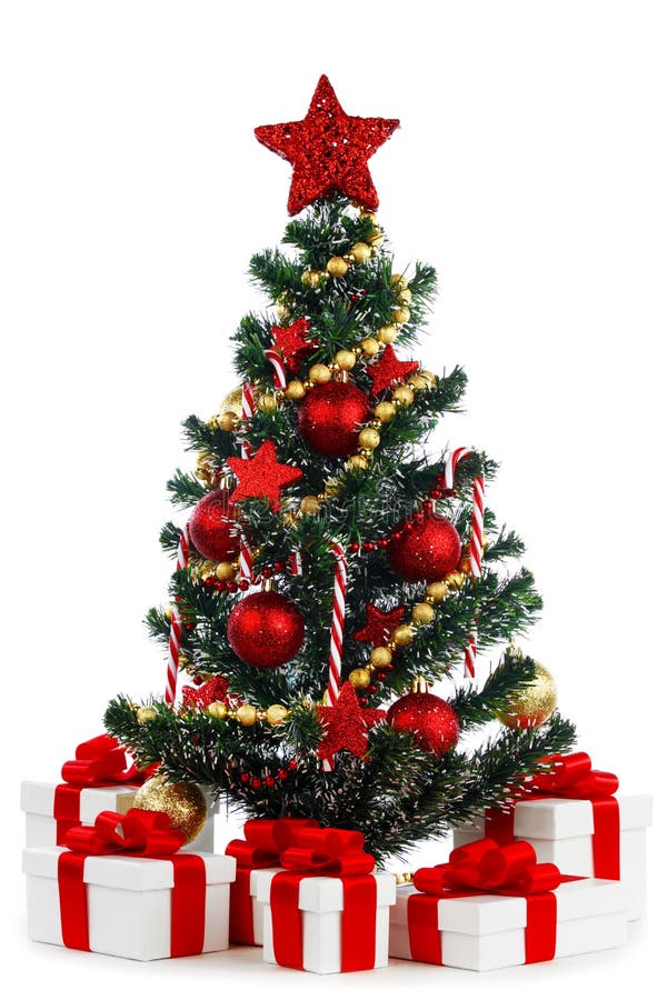 Decorated Christmas Tree on White Background Stock Image - Image of