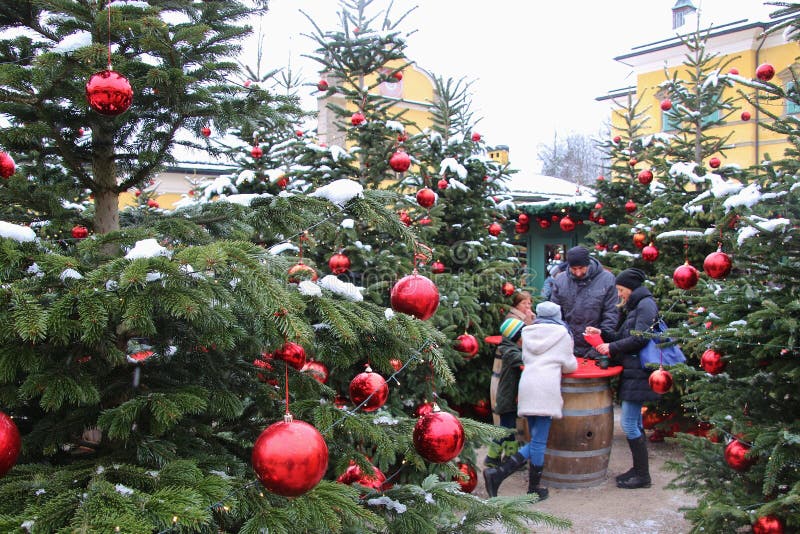 Decorated christmas trees at the Christmas market of Hellbrunn Palace. Salzburg, Austria.