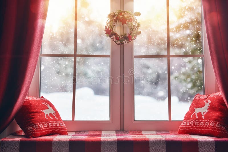 Decorated for Christmas window stock photo