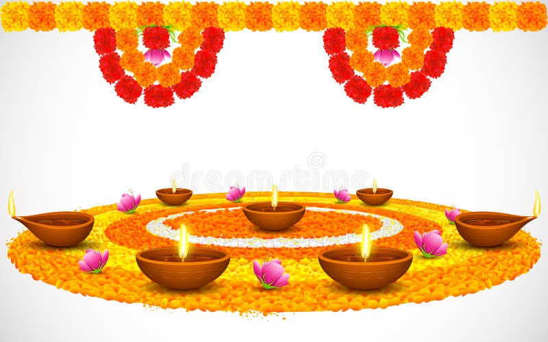 Decorated Diwali Diya on Flower Rangoli royalty free illustration
