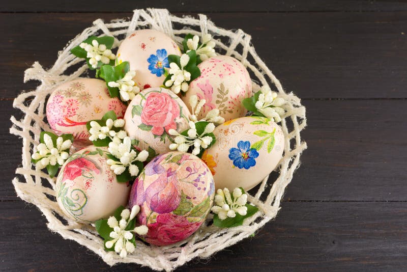 Decorated Easter Eggs in a Basket Stock Image Image of eggs