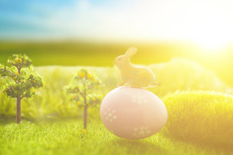 Decorated easter eggs with easter rabbit on grass over sky background. stock images