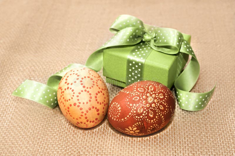 Decorated Easter Eggs and a Gift Box Stock Photo Image of ribbon