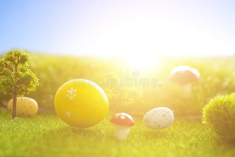 Decorated easter eggs in green grass on sunset sky background. royalty free stock images