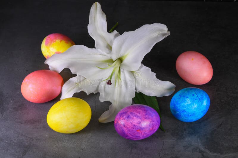 Decorated Easter Eggs and Lily Stock Image Image of eggs, dark 175348671