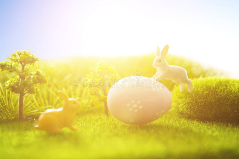 Decorated easter eggs with easter rabbit on grass over sky background. stock image